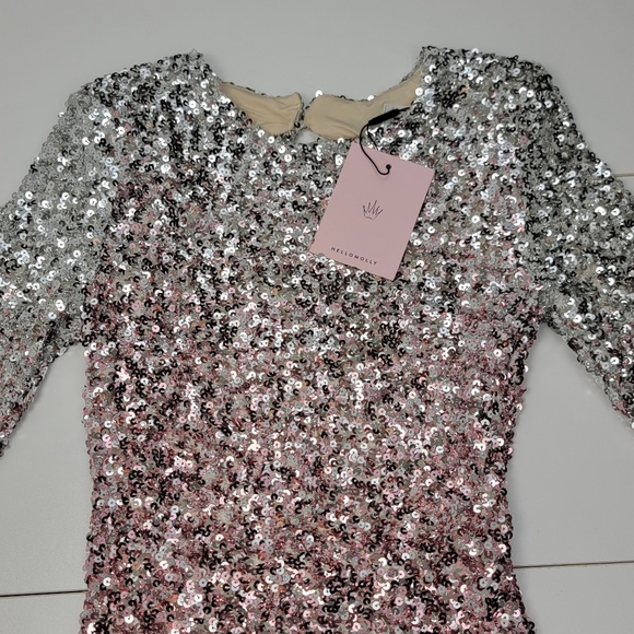 Hello Molly Pink Silver Sequin Long Sleeve Open Back Zip Up Mini Dress XS New - Picture 4 of 13